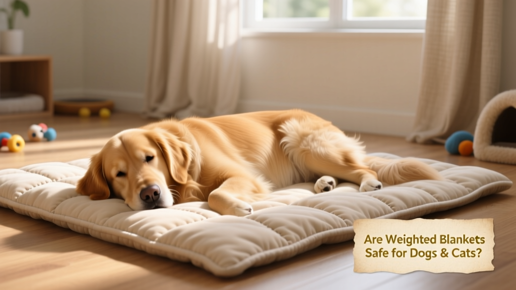 A golden retriever lying calmly on top of a lightweight, pet-safe weighted blanket