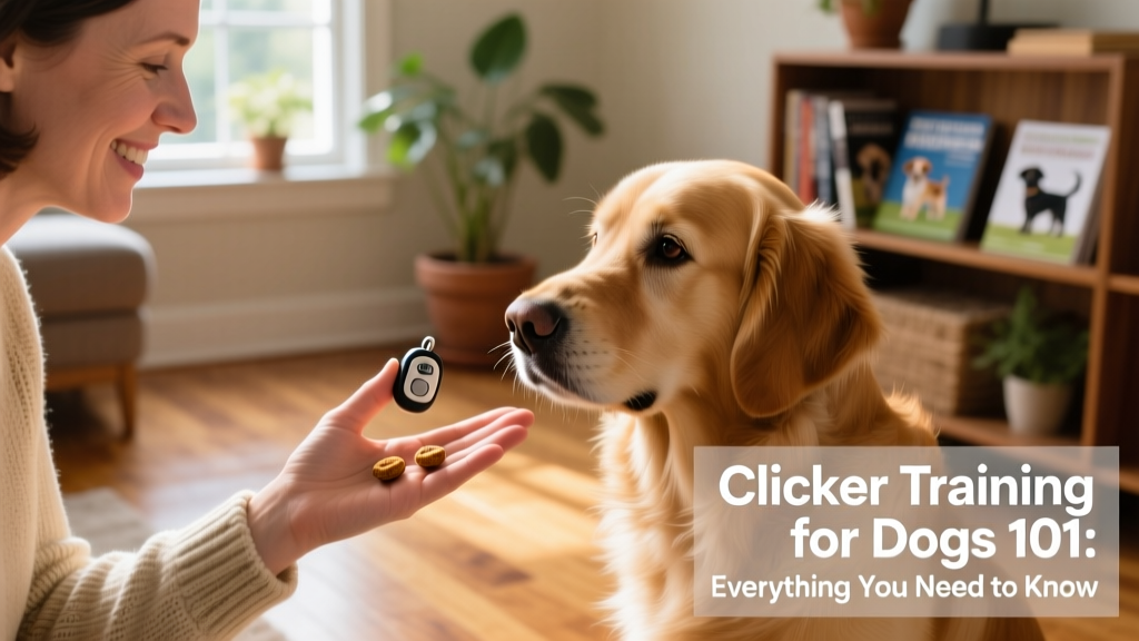 A person gently clicking a small handheld clicker while their dog looks attentively, with treats visible in hand