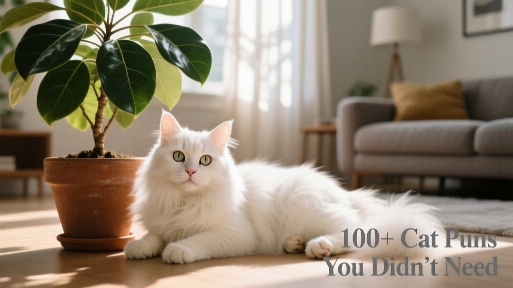Fluffy cat next to a house plant