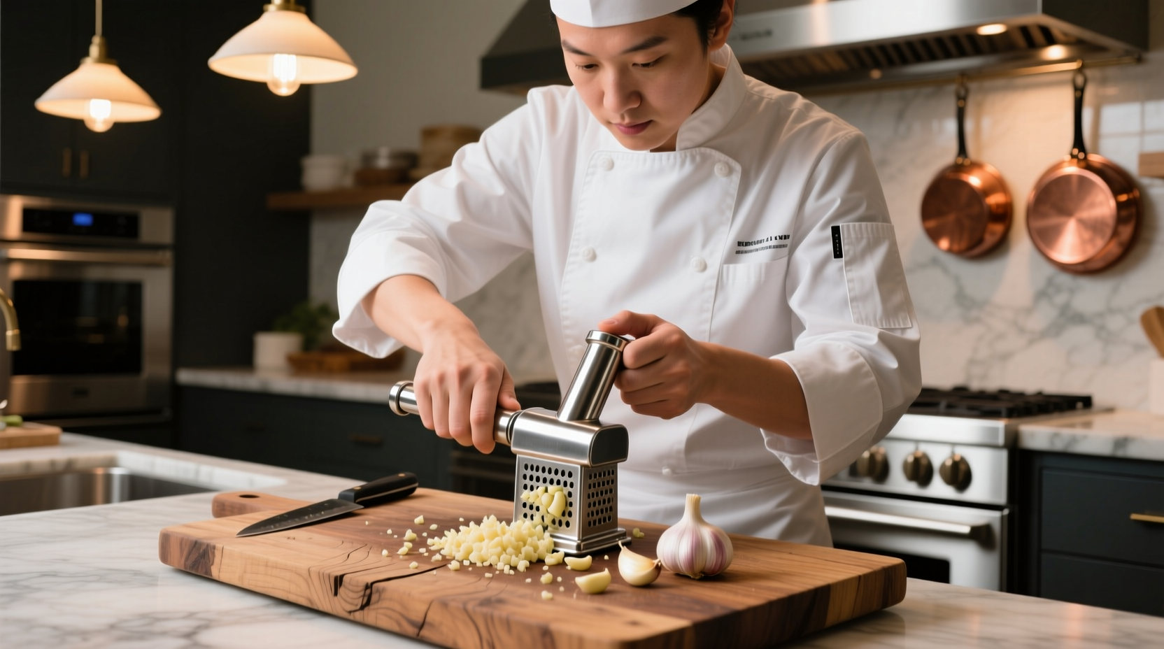 Professional chef using stainless steel garlic mincer on wooden cutting board