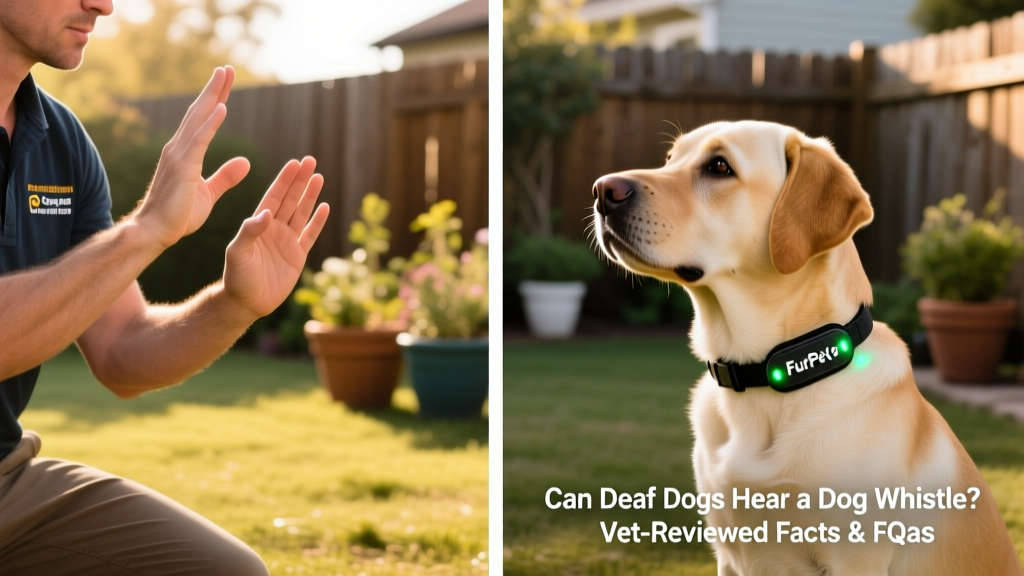 Side-by-side comparison showing a trainer using clear hand signals while a deaf dog sits attentively, with a FurPetVo vibrating collar visible on the dog's neck