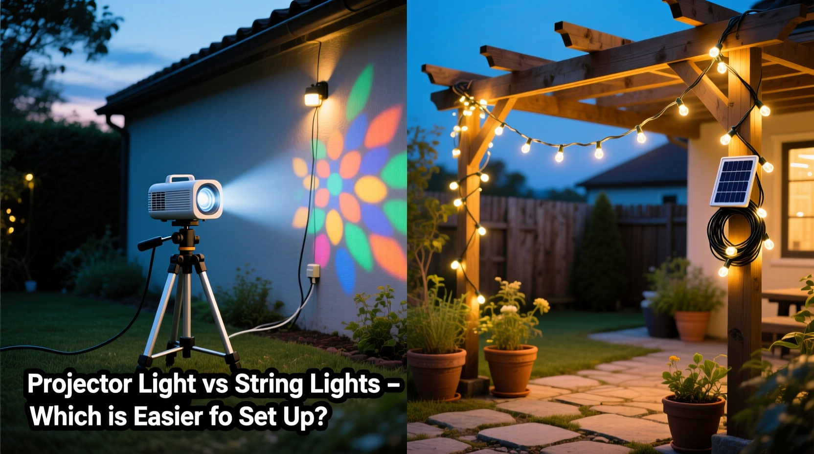outdoor projector lights vs string lights which makes easier setup