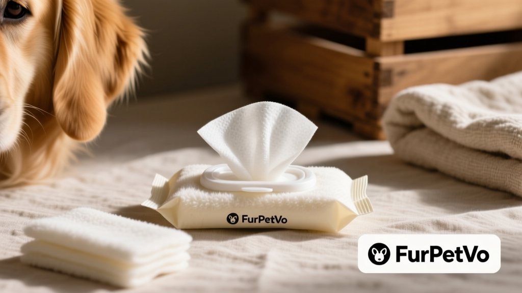 Packaging and close-up of FurPetVo Wash Wipes showing texture and size