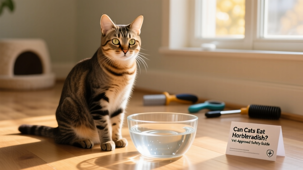 Calm, alert cat sitting beside a water bowl, looking healthy and hydrated