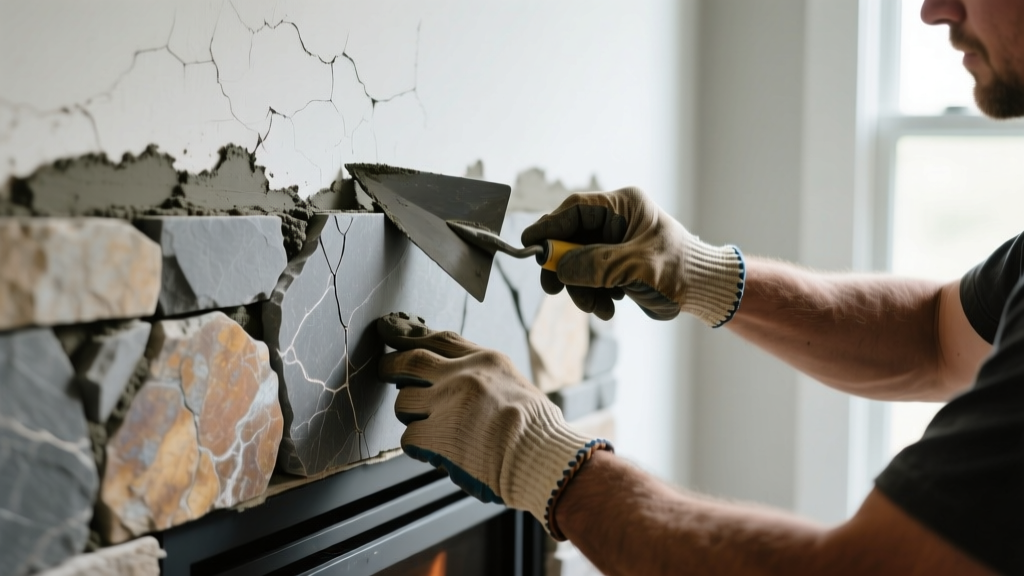 Mason applying gray Type S mortar to the back of a stone veneer piece before pressing it onto a scratch-coated fireplace surround