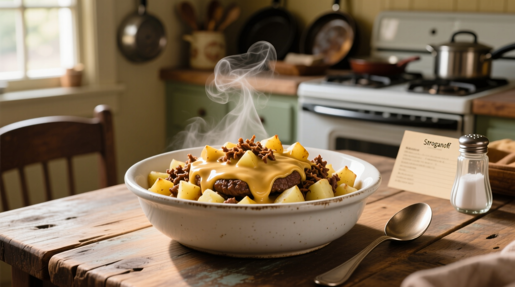 Homemade hamburger helper potato stroganoff in white bowl