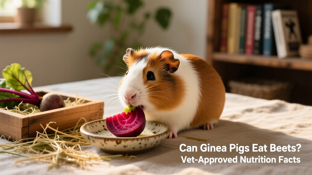 Guinea pig happily eating a small slice of raw beet from a ceramic dish, with fresh hay visible nearby