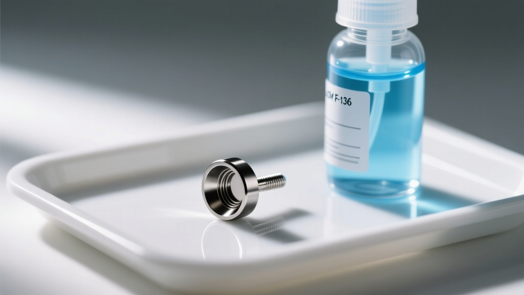 Macro shot of an ASTM F-136 titanium flat-back labret stud resting on a sterile medical tray next to a blue saline spray bottle.