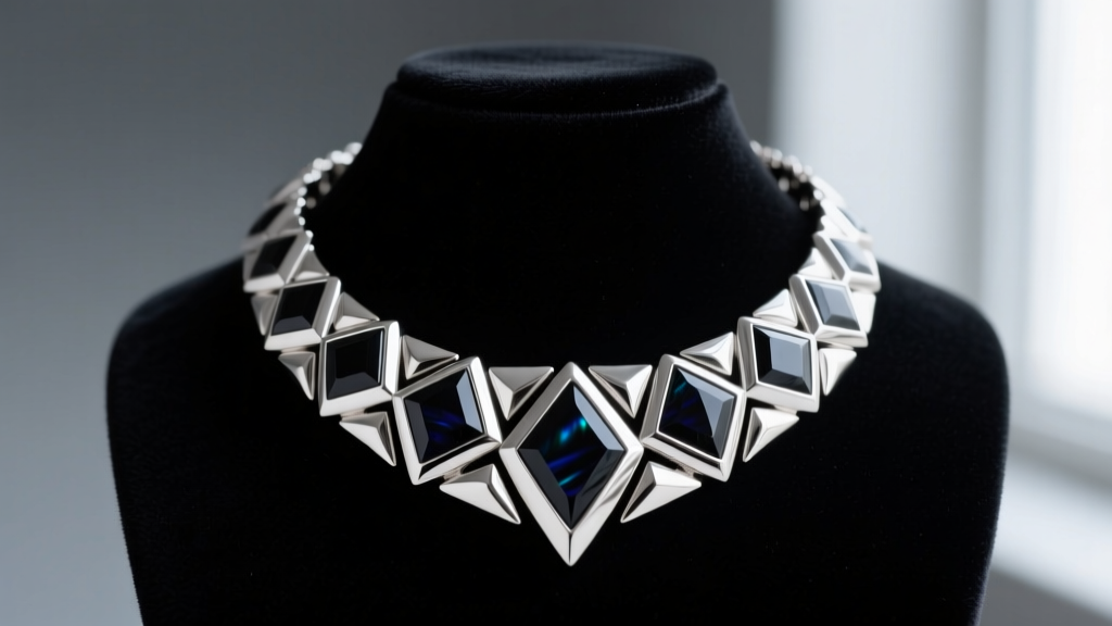 Macro shot of a rhodium-plated sterling silver collar necklace with geometric onyx inlays displayed on a dark velvet jewelry bust.