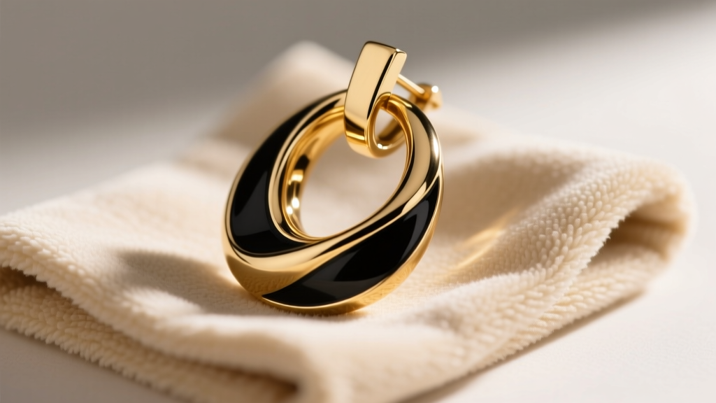 Close-up of sculptural gold-tone brass and black enamel Bottega drop earring resting on a soft beige microfiber cleaning cloth