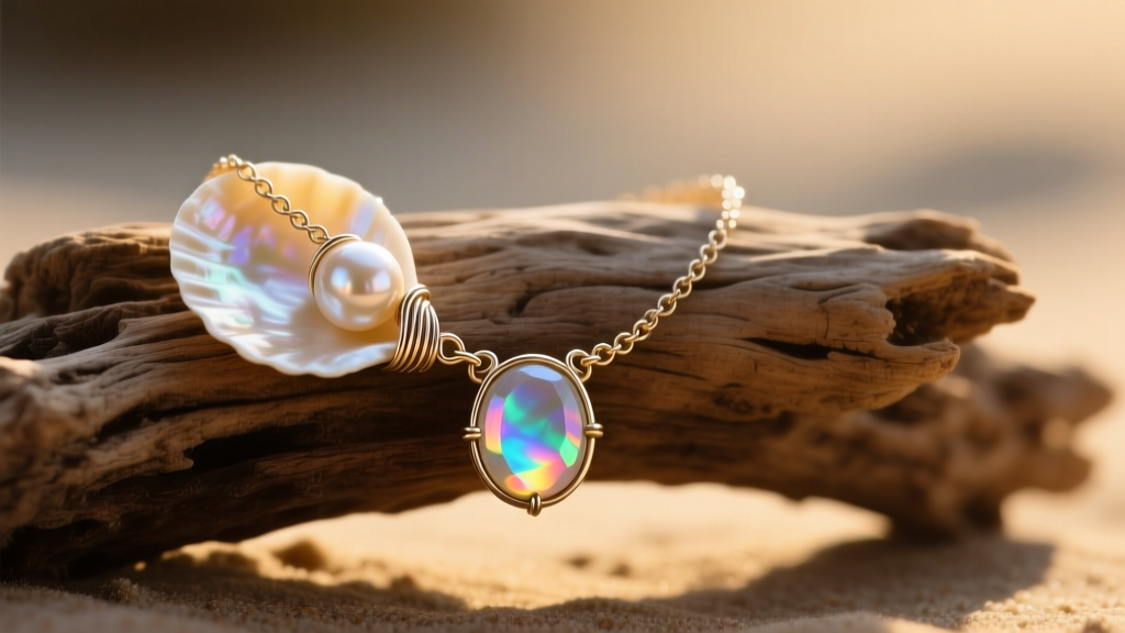 Wire-wrapped mother of pearl shell and rainbow moonstone cabochon necklace resting on natural driftwood in soft, warm lighting