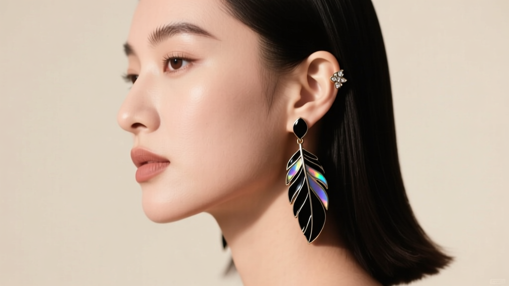 Side profile of a woman wearing enameled black feather stud earrings in soft natural daylight against a clean neutral background