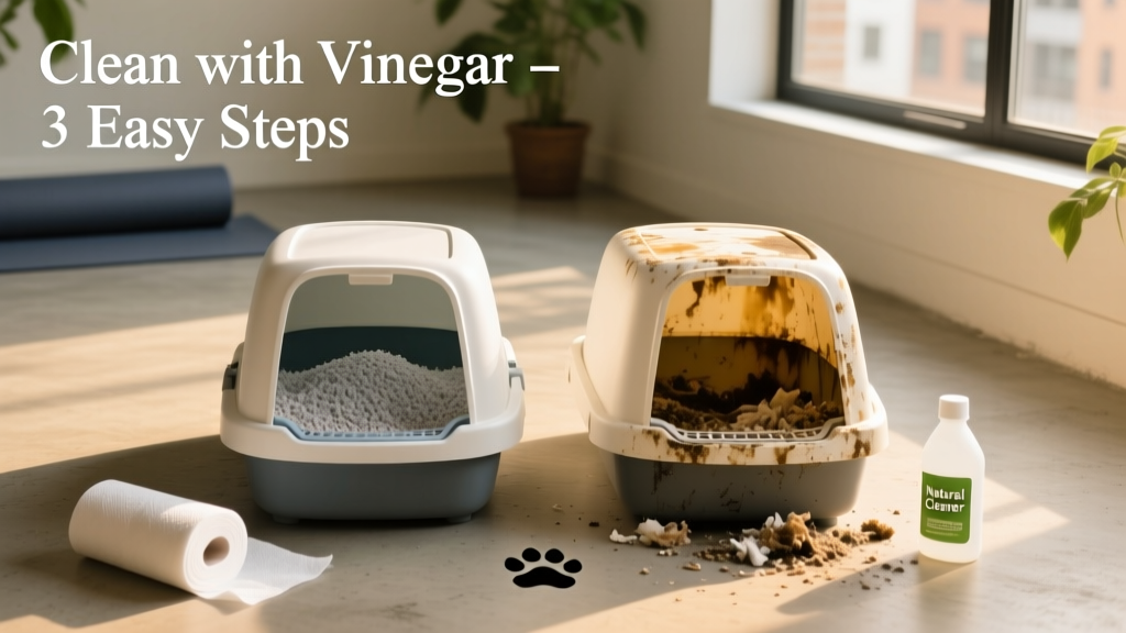 Two identical litter boxes side by side—one freshly cleaned and filled with light-colored litter, the other dirty and discolored