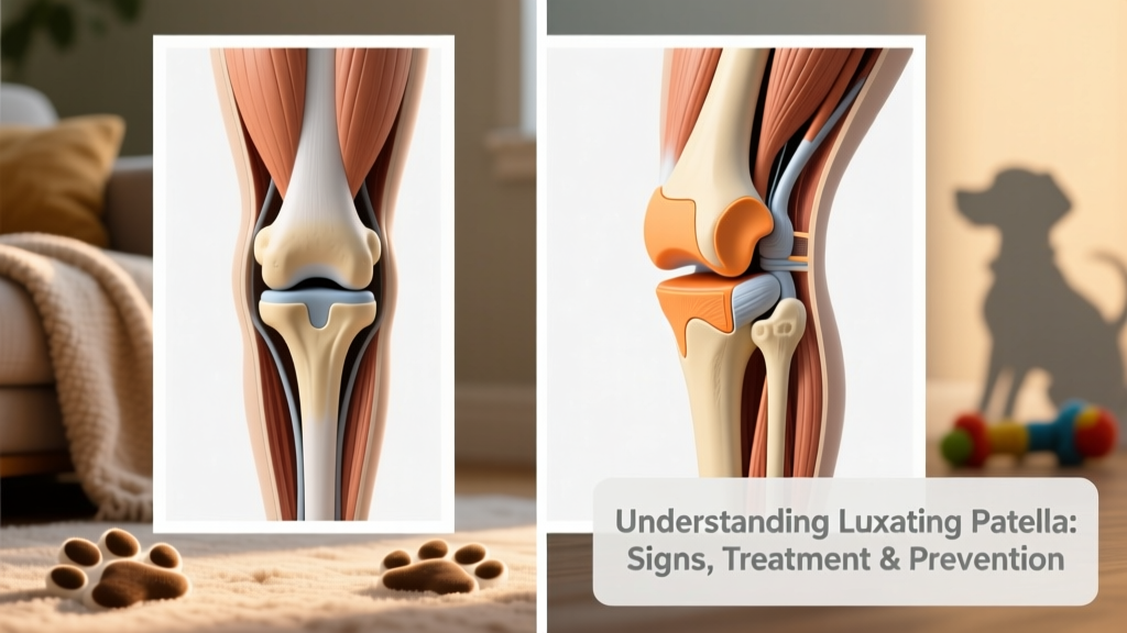 Comparison photo showing healthy knee anatomy vs. anatomical features that predispose to patellar luxation in small-breed dogs