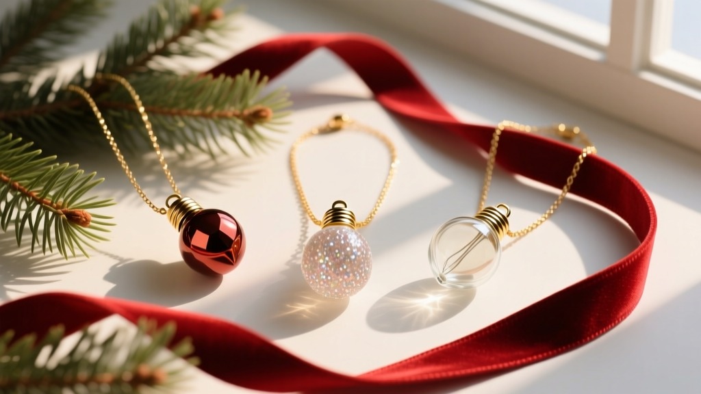 Flat lay of three christmas bulb necklaces in enamel, resin, and glass, surrounded by pine branches and a red velvet ribbon.