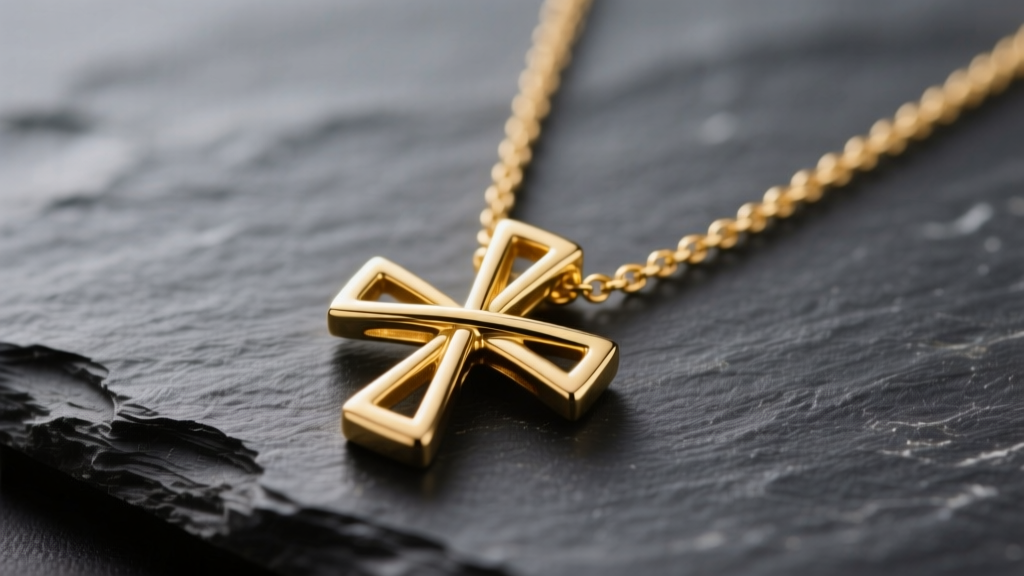 Macro shot of a 14k yellow gold double cross necklace on dark slate, softly lit to highlight overlapping cross details.