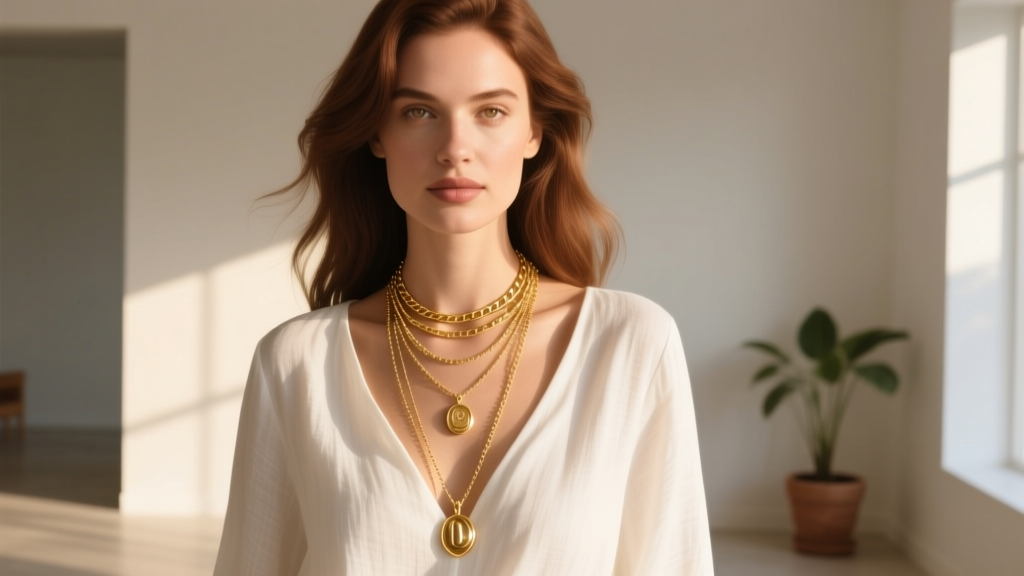 Woman wearing layered 18k gold plated necklaces of varying lengths over a white linen top, illuminated by warm sunlight.