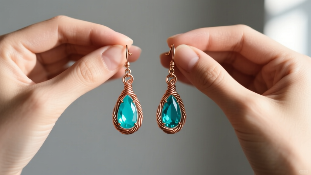 Hands holding handmade dangle earrings featuring turquoise teardrops and copper wire wraps against a soft grey backdrop.
