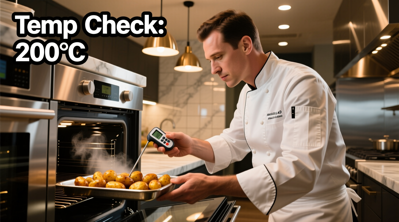 Professional chef checking potato oven temperature