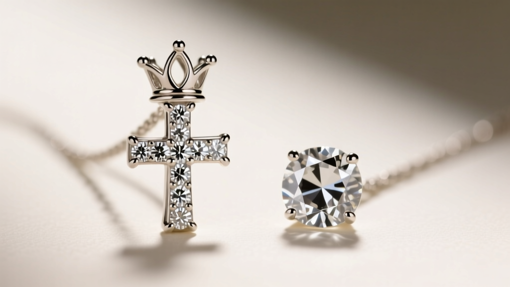Macro shot of a crown cross pendant comparing prong-set lab diamonds on the left to glued cubic zirconia stones on the right