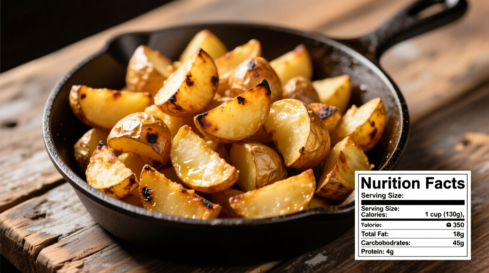 Golden fried potatoes in cast iron skillet with nutrition facts