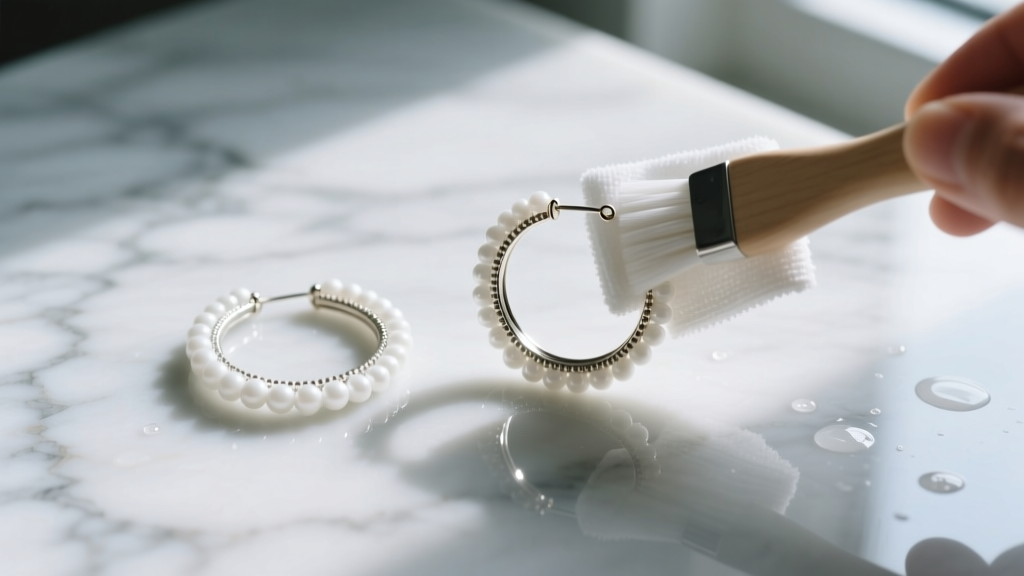 Flat lay of white beaded hoop earrings being gently cleaned with a soft microfiber cloth and mild soapy water on a marble surface