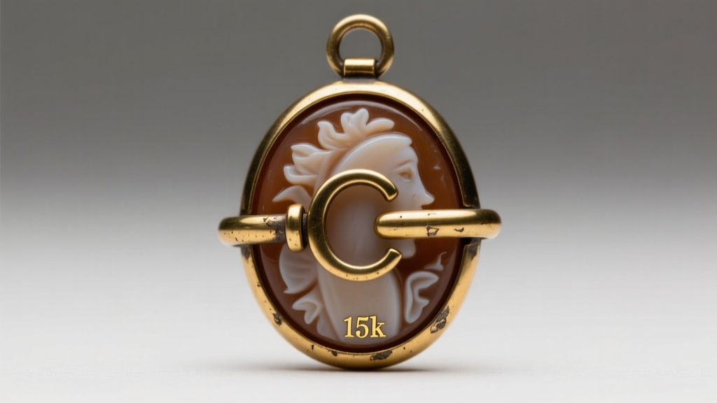 Macro photography of the back of an antique cameo pendant showing a vintage C-clasp, tube hinge, and a faint 15k gold hallmark.