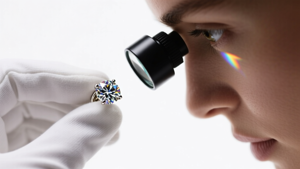 Jeweler using a 10x loupe to inspect the cut facets of a single quarter carat diamond earring against a bright white background
