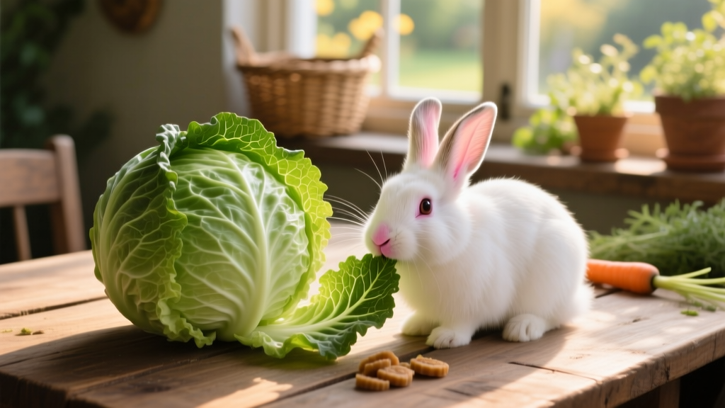 A fresh head of green cabbage next to a rabbit nibbling a leaf