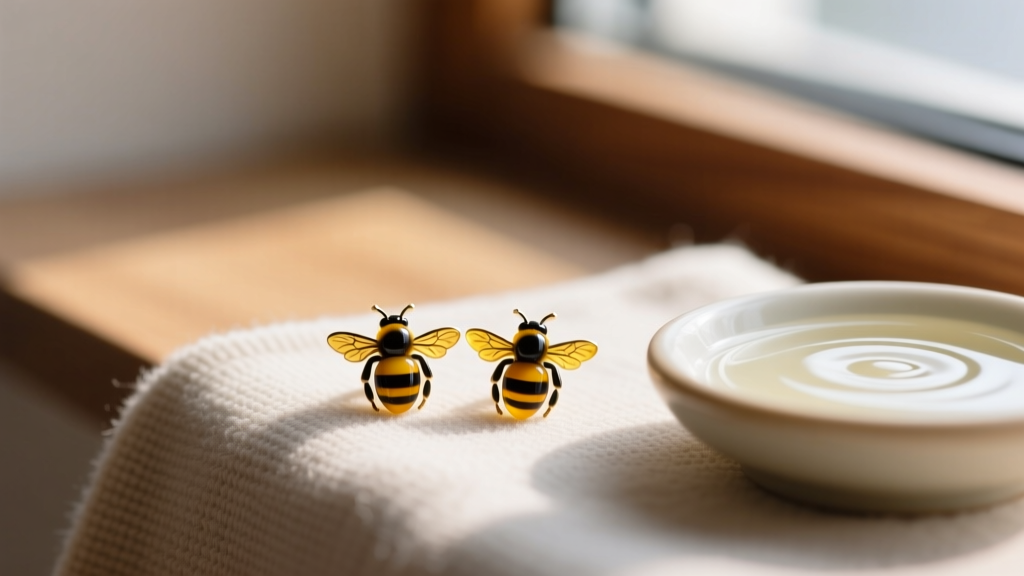 Bumble bee jasper studs on a microfiber cloth next to mild soap under warm light, safely avoiding harsh chemical cleaners.