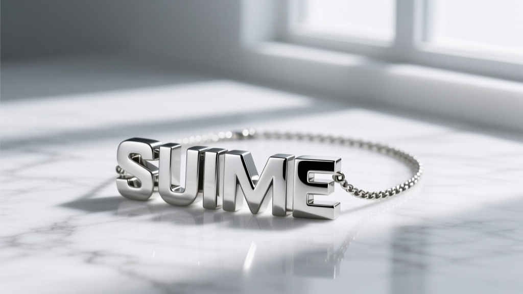 Brushed 316L stainless steel custom letter necklace with block font design photographed on a minimalist white marble background