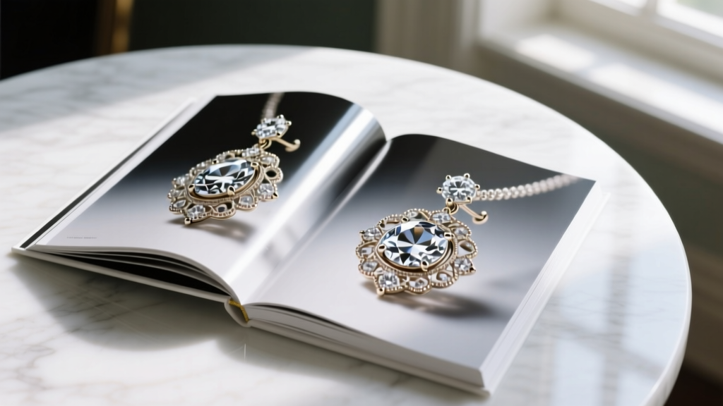 Glossy earring book on a marble table, open to a high-resolution macro photograph of intricate Victorian-era diamond ear pendants.