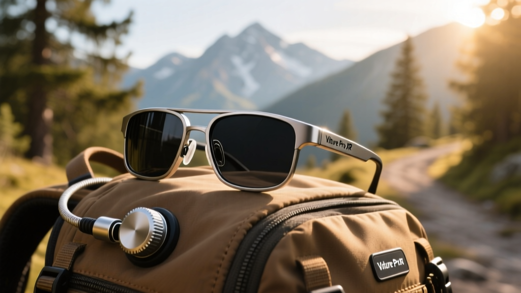 Close-up of Viture Pro XR glasses resting on a hiking backpack with the electrochromic dimming dial visible on the magnetic cable