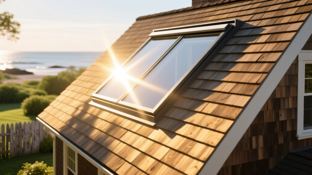 Sunlight streaming through a modern impact-resistant skylight installed on a steep cedar-shake roof of a traditional Cape Cod house