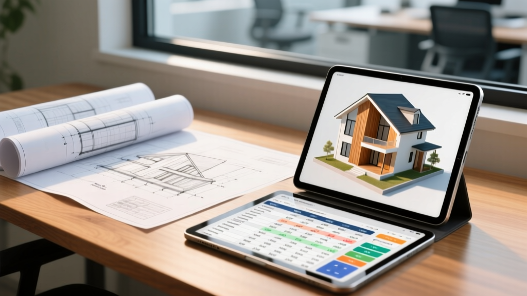 Blueprints on a wooden desk next to a tablet displaying a 3D house model and a detailed construction cost calculator spreadsheet