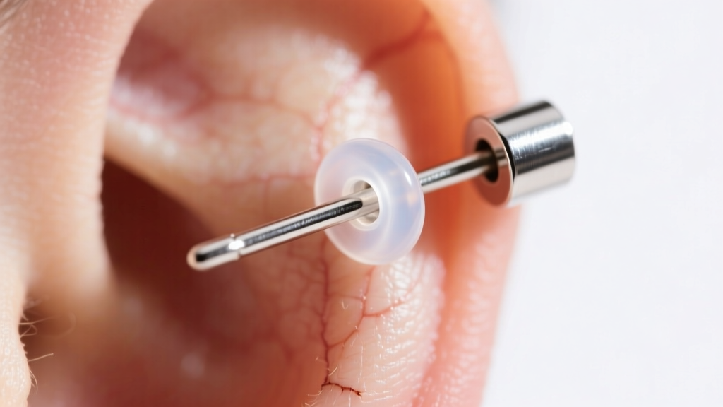Macro shot of a 20-gauge titanium stick pin earring secured with a clear silicone O-ring backing on a healed earlobe.