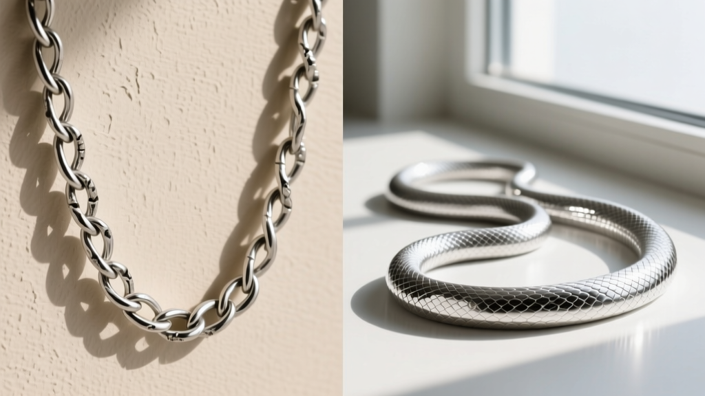Side-by-side view of a kinked fine silver snake chain next to a smoothly draping, highly reflective Argentium silver snake chain.