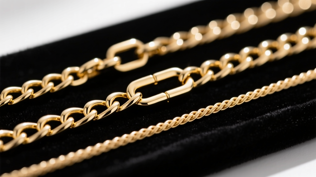 Macro shot of a gold cable chain, herringbone chain, and box chain on dark velvet to highlight link structures and metal widths