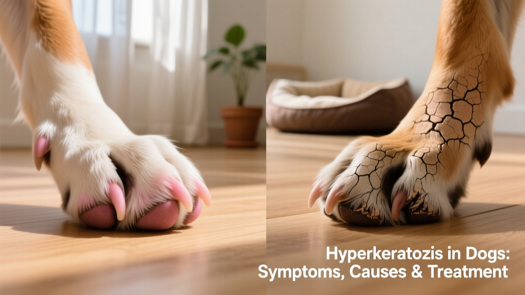 Side-by-side comparison showing healthy pink paw pads versus thickened, overgrown pads with visible cracking and scaling