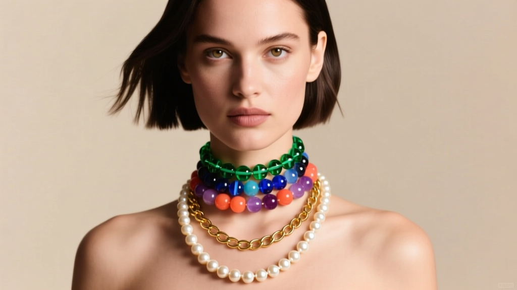 Model wearing a layered Eliou necklace stack, showing a 14-inch colorful beaded choker and an 18-inch gold-filled pearl chain