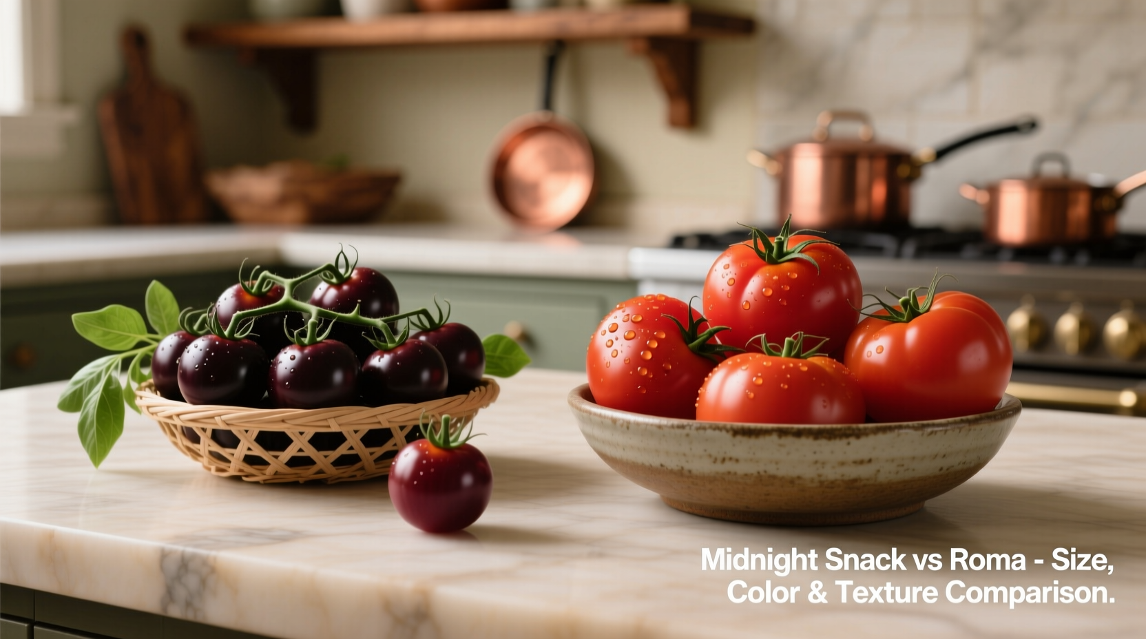 Comparison of Midnight Snack cherry tomatoes and standard Roma tomatoes