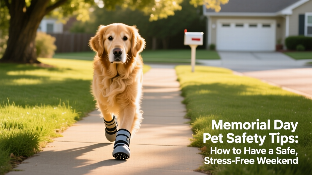 A golden retriever wearing protective dog booties while walking on a shaded grassy path beside a sunny sidewalk