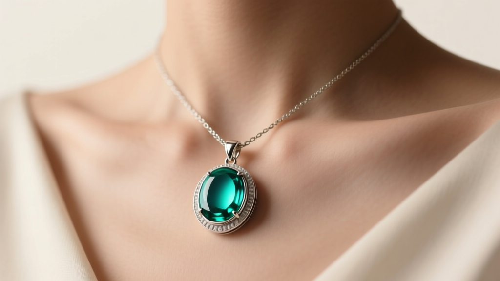 Silver mood pendant on a collarbone showing a vibrant teal green thermochromic color against soft, warm and diffused studio light