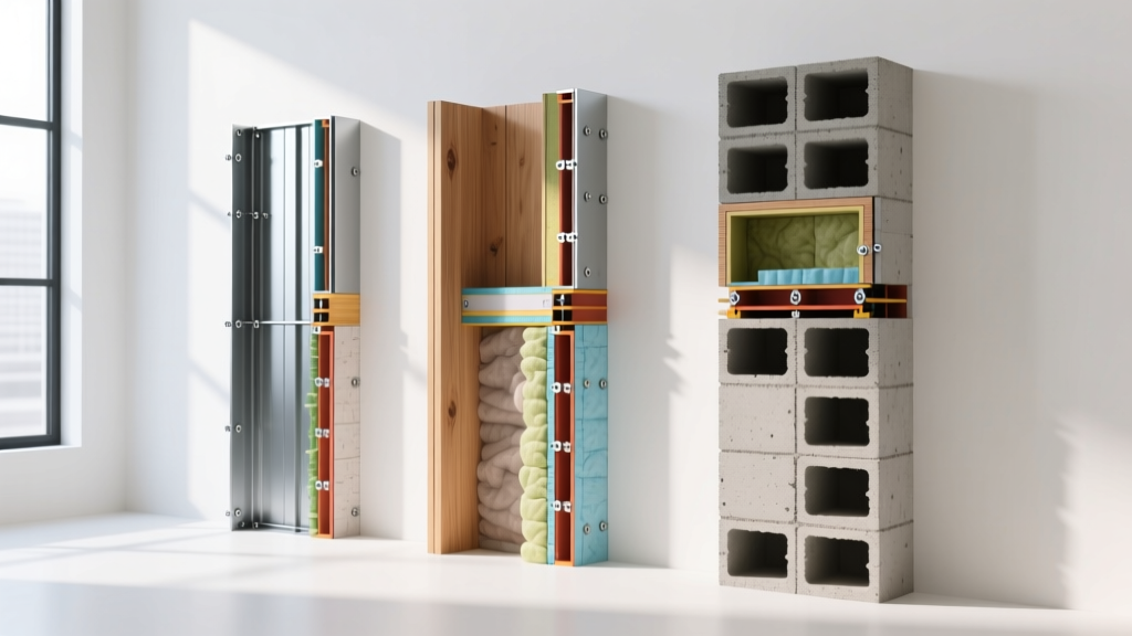 Cross-section architectural rendering comparing cold-formed steel studs, dimensional wood lumber, and reinforced concrete block wall assemblies side-by-side
