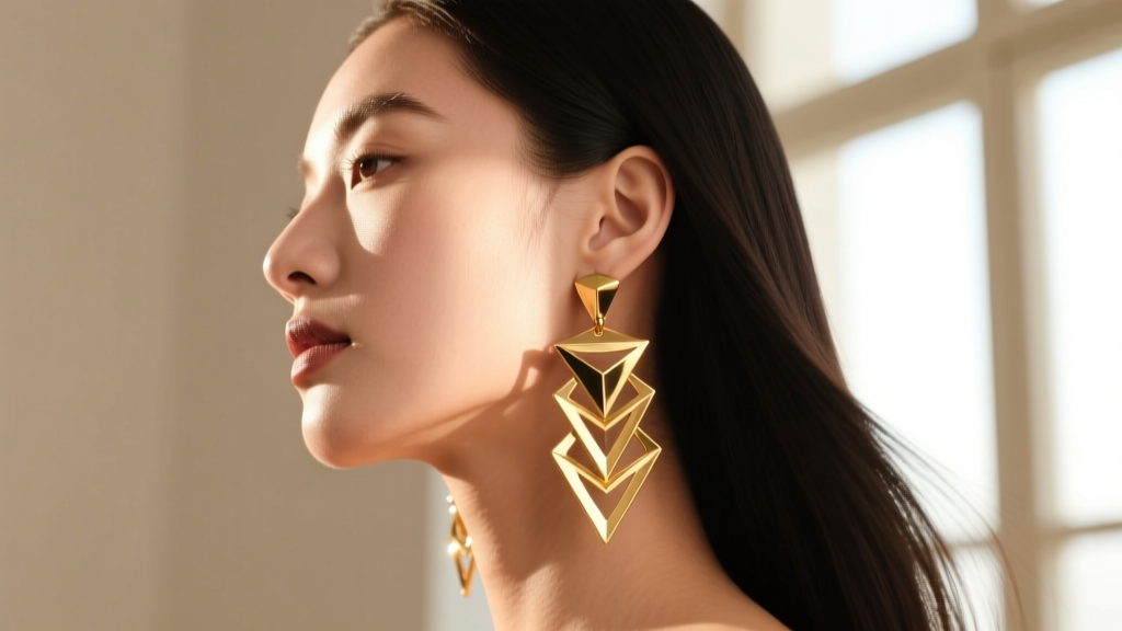 Side profile of model wearing layered golden cut album dangle earrings, highlighting movement and light reflection on the jawline