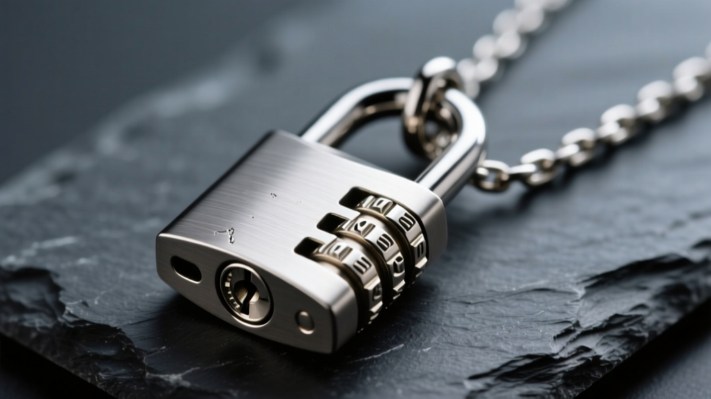Macro shot of a brushed titanium padlock pendant on a 2mm cable chain resting on dark slate, showing mechanical lock details