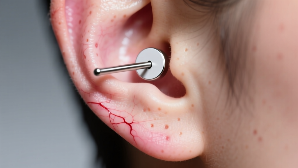 Close-up of a freshly pierced third earring hole on the lower lobe, featuring a simple implant-grade titanium flat back stud