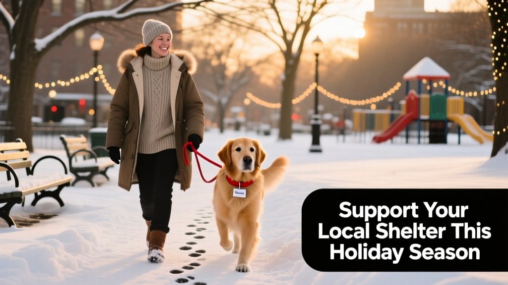 A volunteer walking a shelter dog through a snowy park during a holiday 'staycation' outing