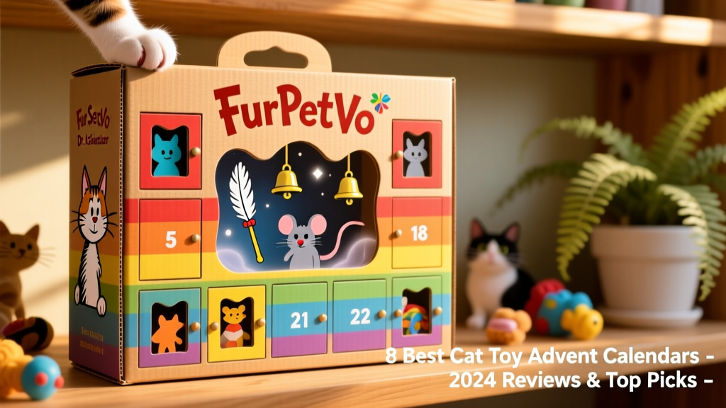 Close-up of the FurPetVo Dr. Seuss for Pets Cat Advent Box showing colorful numbered doors and playful toy silhouettes visible through transparent windows