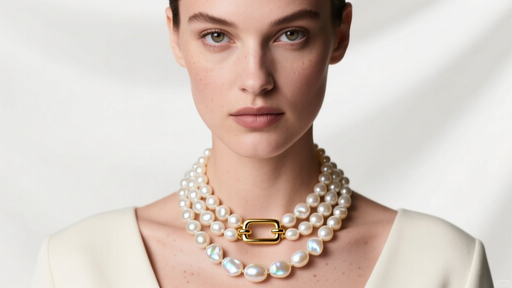 Editorial portrait of a model wearing a layered freshwater baroque pearl necklace with a gold toggle clasp in soft studio lighting